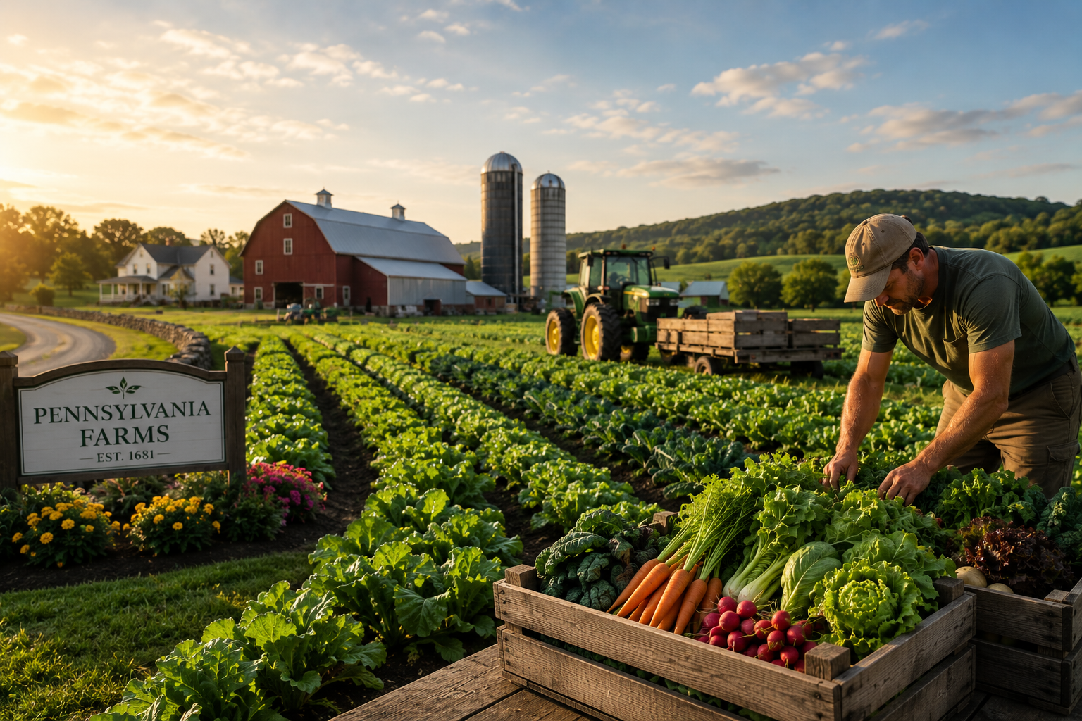 Pennsylvania family farm at sunrise with a red barn, silos, tractor, crop rows and a farmer harvesting fresh vegetables into a wooden crate
