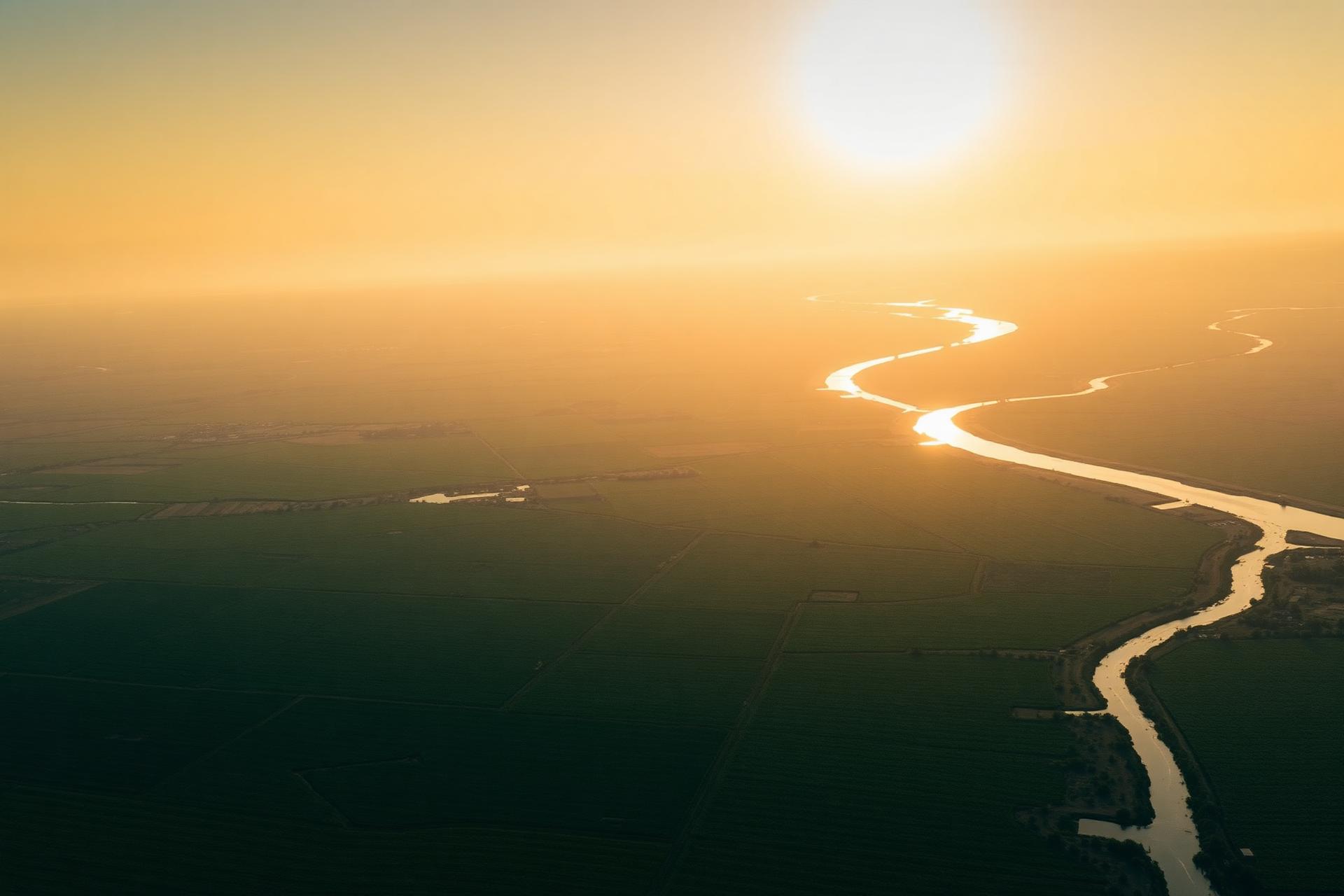 Aerial view of vast farmland at sunrise